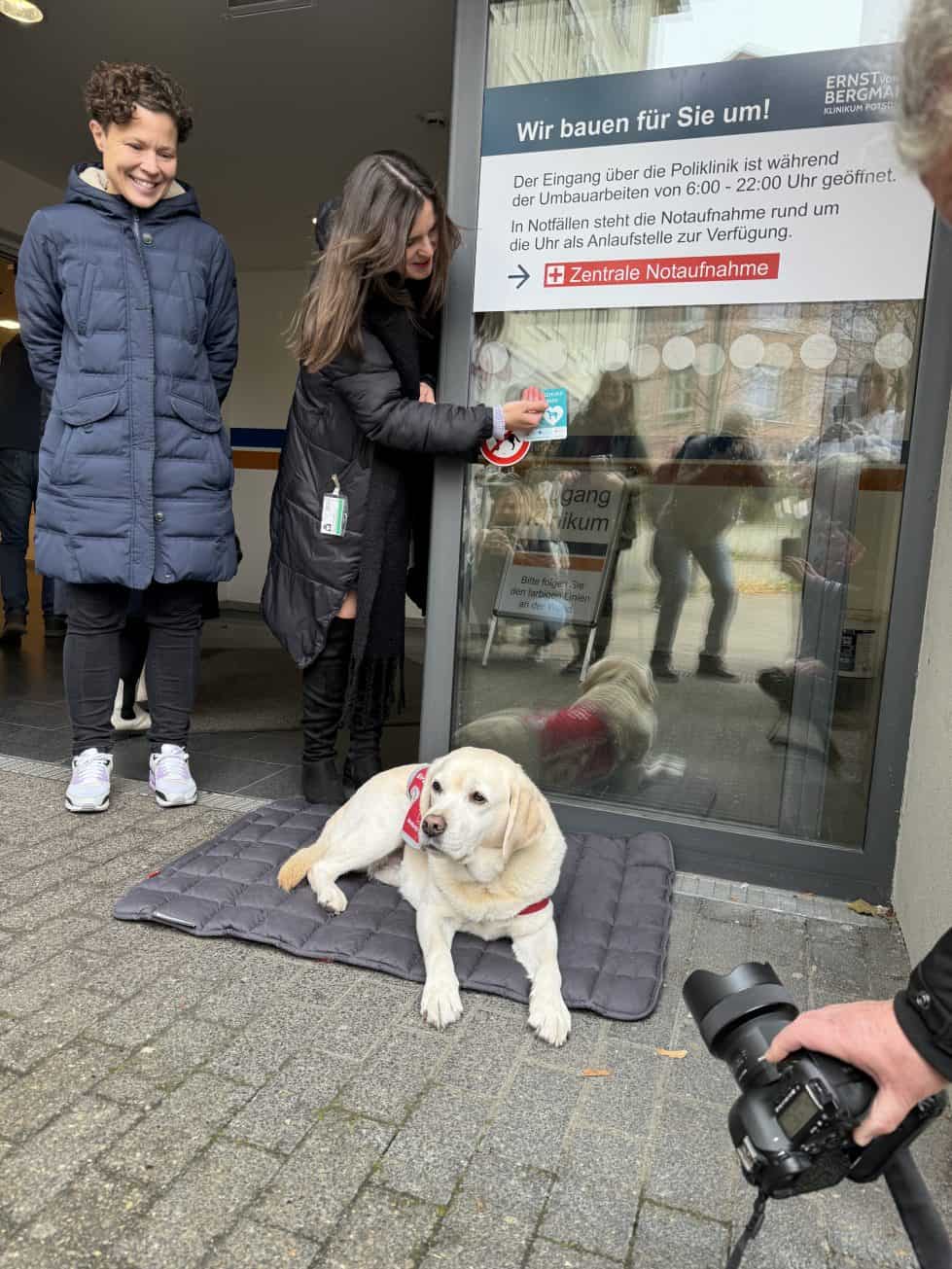 An der Tür der Notaufnahme klebt der Aufkleber "Assistenzhund willkommen"